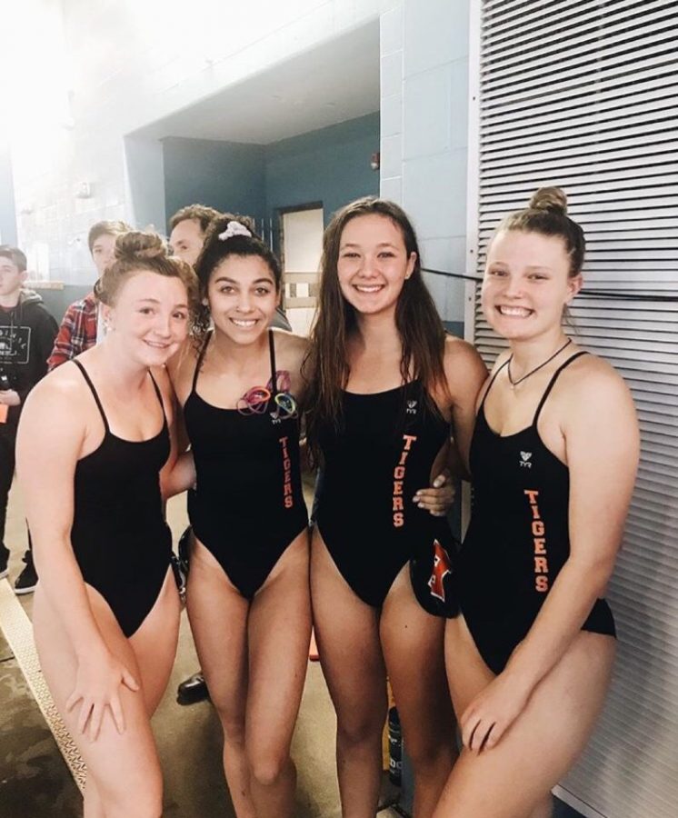 The relay team that qualified for state, from left to right: Peyton Irwin, Shay Maruna, Alice Mazzetti, and Meredith Olson
