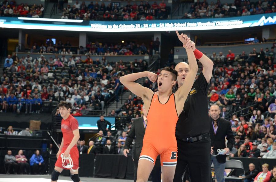 Rudy Lopez cheers after beating Dominic Castro (Pueblo Centennial) in the State Championship match