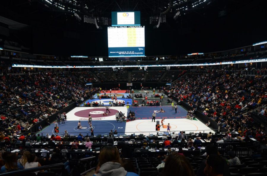 A view from above looking out across the Pepsi Center floor